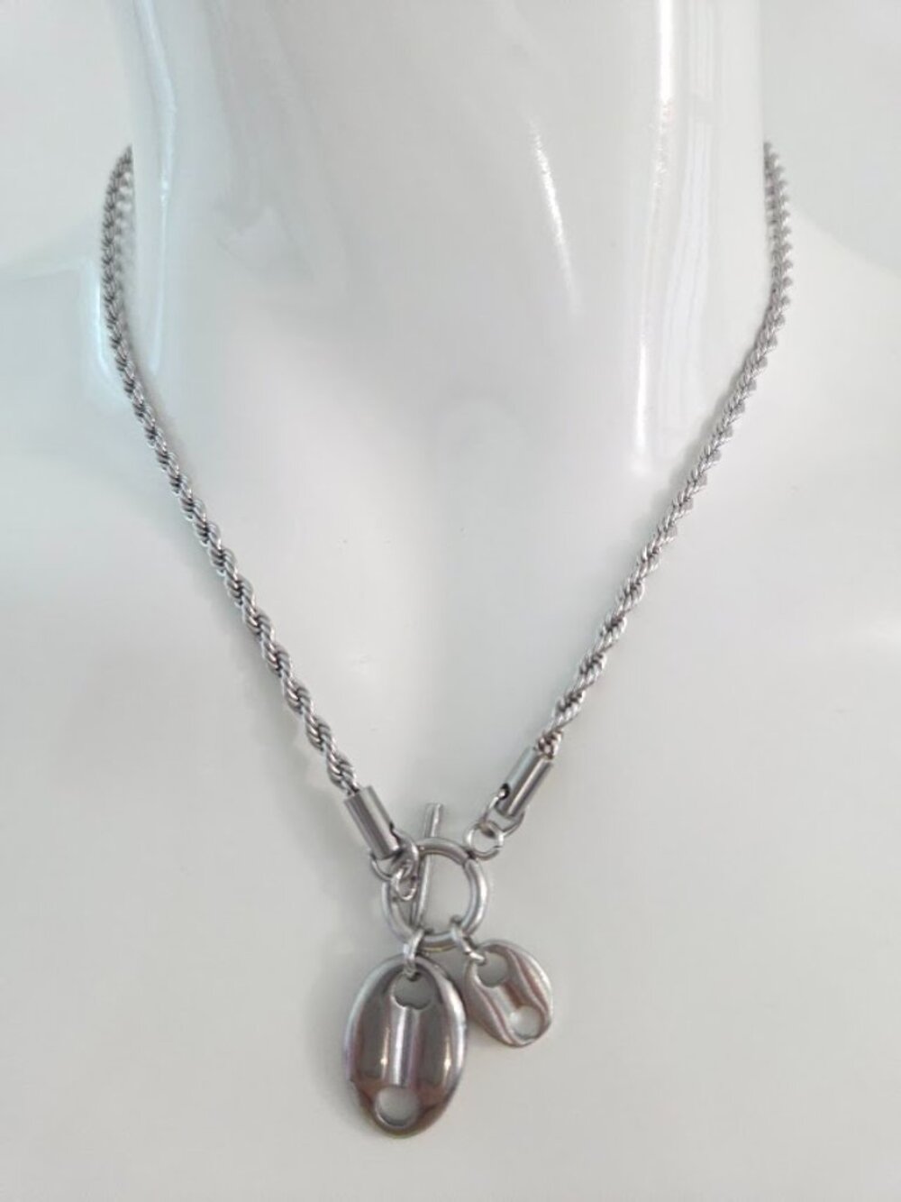 Stainless Steel Coffee Bean Charm T-Bar Necklace Minimalist Dainty Silver Chain - Picture 10 of 12